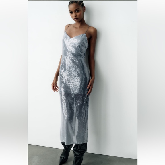 Zara Silver OMBRE Sequin Midi Dress Open Back spaghetti straps Slit size XS NWT - Picture 8 of 16